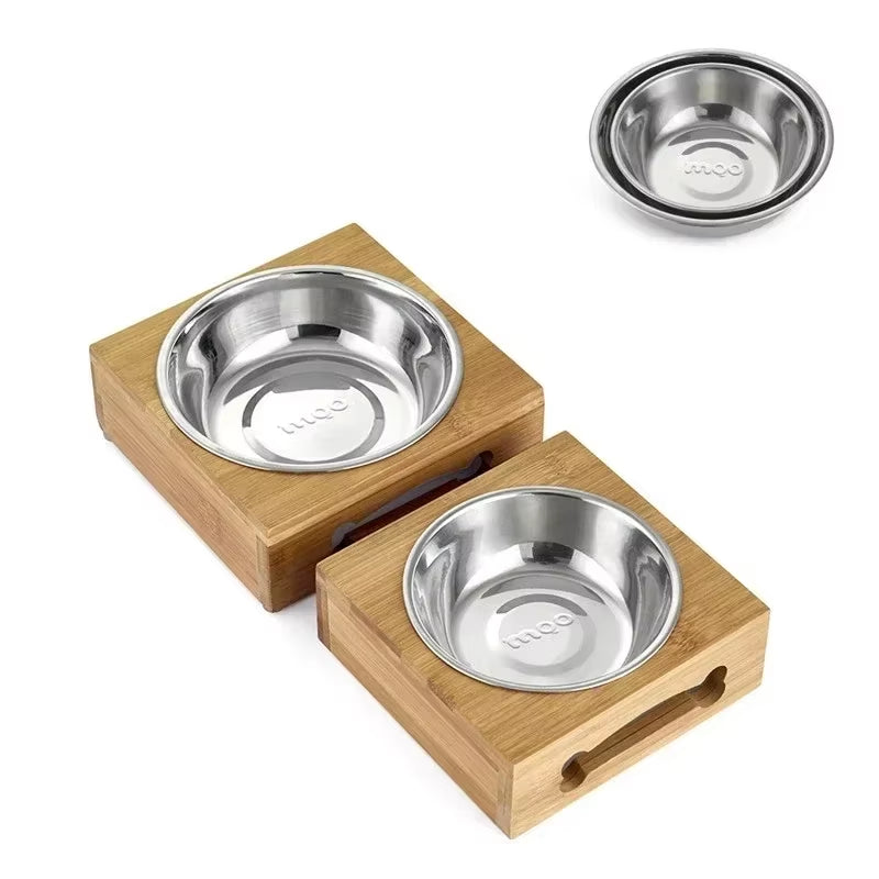 Pet Dog Cat Bowl Ceramic Bowl Bamboo Wooden Table into a Kitten Skid Resistant Double Bowl Small Dog Food Bowl